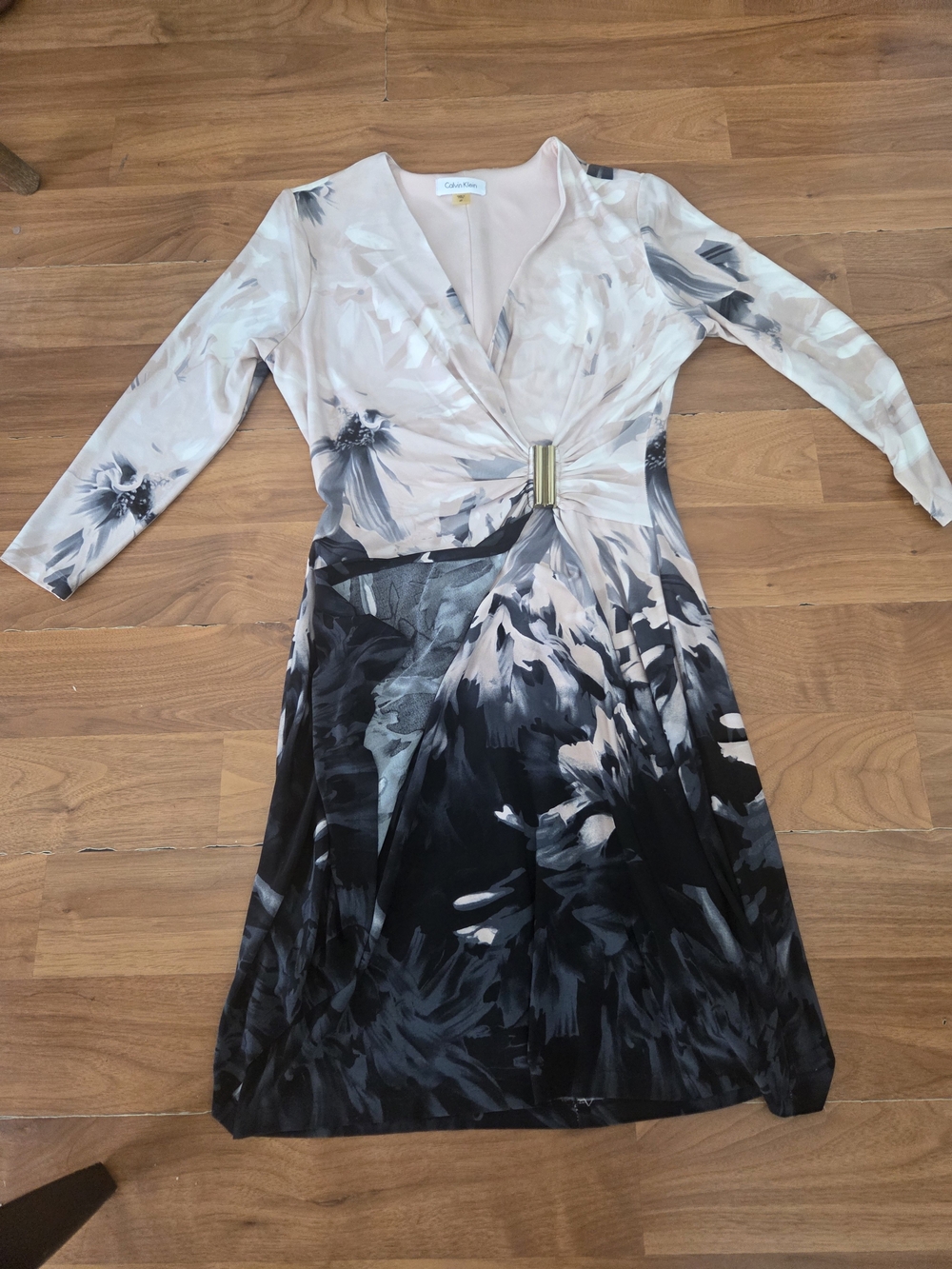 Calvin Klein Black & Cream Floral-Brushstroke Wrap Dress